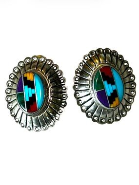 Vintage Zuni Sterling Silver Coral Turquoise Inlay Oval Clip On Earrings